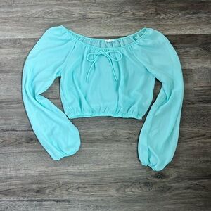Chic Sheer Turquoise Off-Shoulder Femi Blouse by Emily M Size Large Made in USA